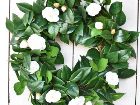 26  Faux White Camellia with Foliage Wreath Cheap