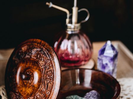 Floral Carved Wood Bowl with Lid on Sale