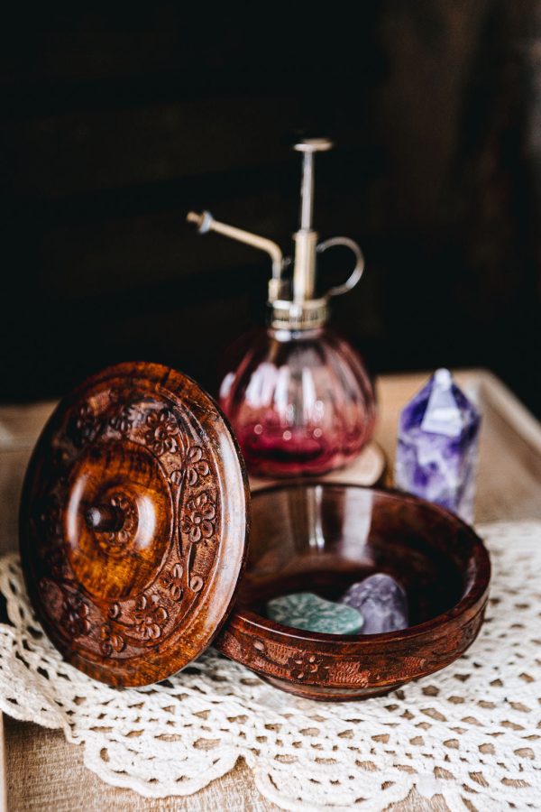 Floral Carved Wood Bowl with Lid on Sale