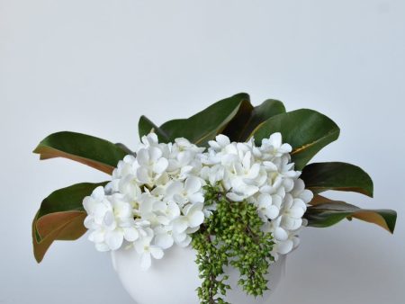 White Hydrangea + Magnolia Leaf Arrangement with Faux Ring Details For Sale