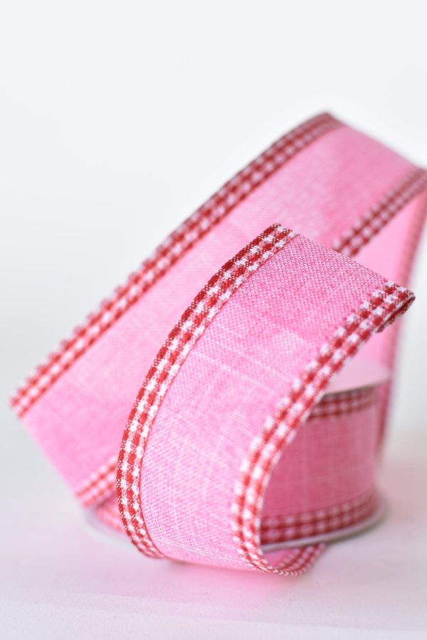 1 1 2  x 10yd Pink Faux Linen with Check Border Cheap