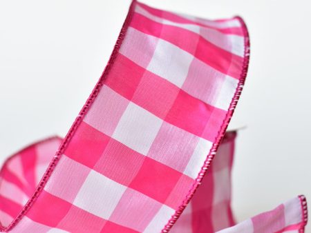 2.5  x 10yd Fuchsia + White Plaid Faux Dupioni Wired Ribbon Online now