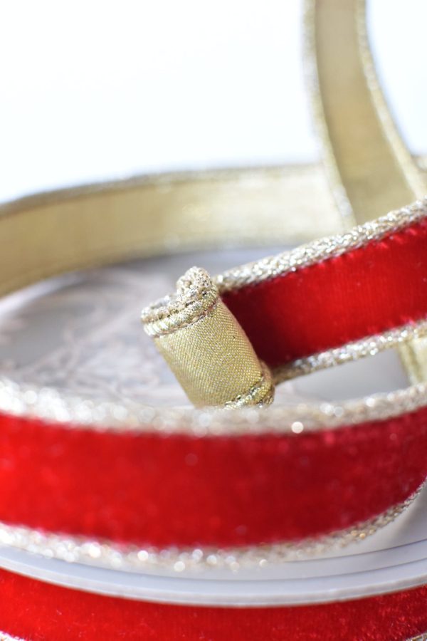 1  x 10yd Red Velvet Ribbon with Gold Lame Backing Online Hot Sale