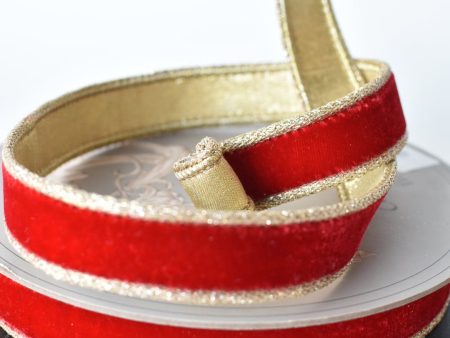 1  x 10yd Red Velvet Ribbon with Gold Lame Backing Online Hot Sale