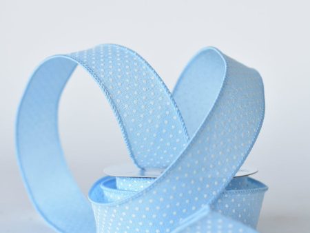 1 1 2  x 10yd Light Blue Faux Linen with Swiss Dots Wired Ribbon Online Hot Sale