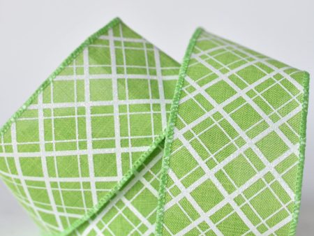 2.5  x 10yd Green and White Glittered Plaid Wired Ribbon Online Hot Sale