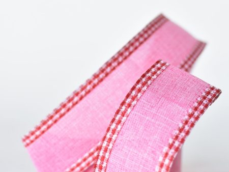 1 1 2  x 10yd Pink Faux Linen with Check Border Cheap