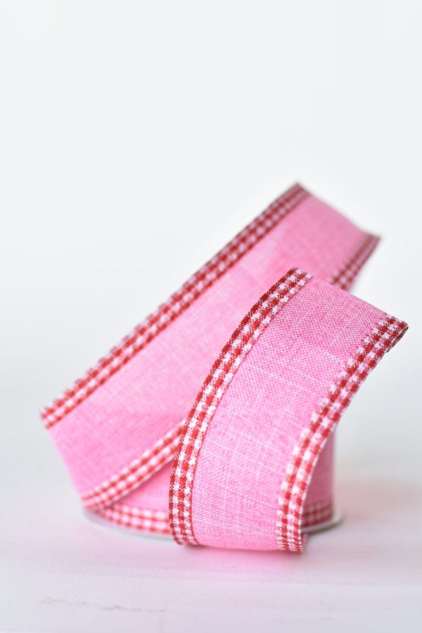 1 1 2  x 10yd Pink Faux Linen with Check Border Cheap