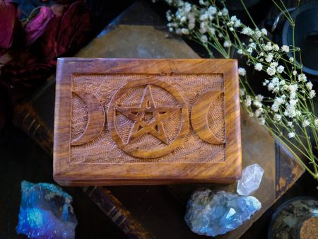 Triple Moon & Pentacle Carved Wooden Box For Discount