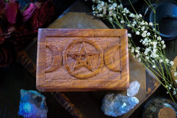 Triple Moon & Pentacle Carved Wooden Box For Discount